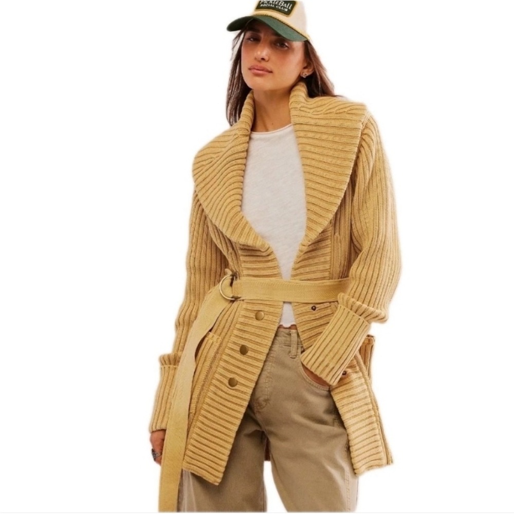 Free People Ryanne Long Haul Cozy Warm Caramel Belted Silhouette Cardigan, SMALL